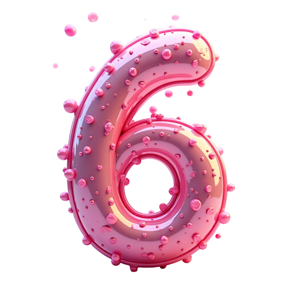 Glossy Pink Number 6 with Bubbles